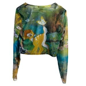 Zara x Disney Bambi Print Mesh Long Sleeve Crop Top W Ruching In Front (Flaw)